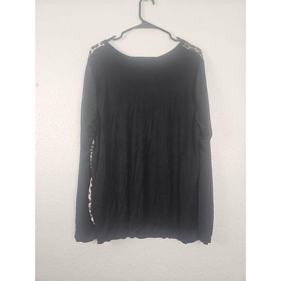 Maurices Brown Black Sheer Sleeve Lace Detail Leopard Crew Blouse Size 2 - Picture 4 of 7